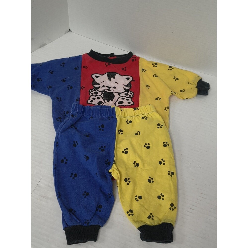 Vtg 90s Little By Little Baby Tiger Paw Print Romper Long Sleeve & Sweatpants
